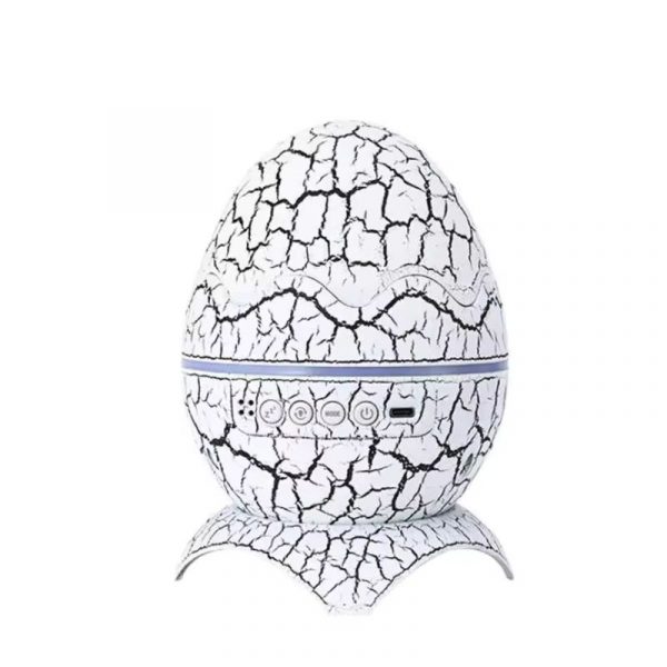 Dinosaur Egg Galaxy Projector Lamp with stars and nebula projection, also showing the included remote controller and USB cable